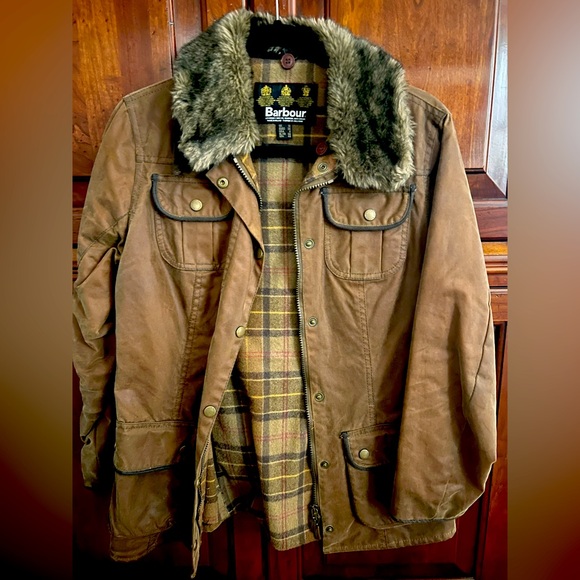 Barbour Waxed Brown Jacket with detachable Faux Fur Collar US 6/UK 10 - EUC